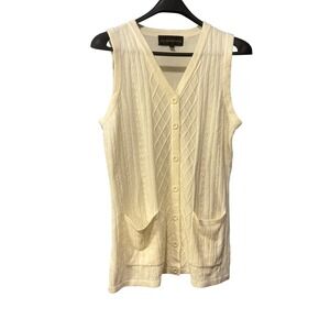 La Madona Cream Cable Knit Button Up Vest Sleeveless Cardigan Sm V-Neck Pocket